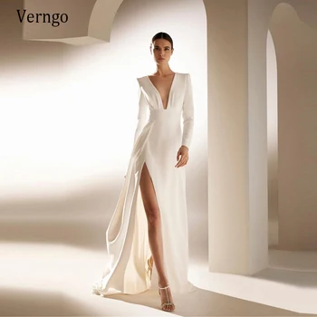 Verngo Basit Fildişi Yumuşak Saten Bir Çizgi Düğün Parti Elbiseler Uzun Kollu V Boyun Yüksek Yan Yarık 2021 Kadın Örgün Törenlerinde Kıyafet