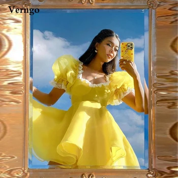 Verngo Prenses Sarı Organze Bir Çizgi balo kıyafetleri Puf Kısa Kollu Dantel Mini Kokteyl Parti Elbise Basit Örgün önlük