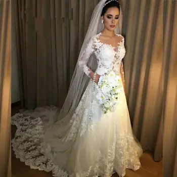 Vestidos de Noiva Bir Çizgi Dantel düğün elbisesi 2019 See Through Geri Seksi Uzun Kollu düğün elbisesi es Robe De Mariage gelinlikler