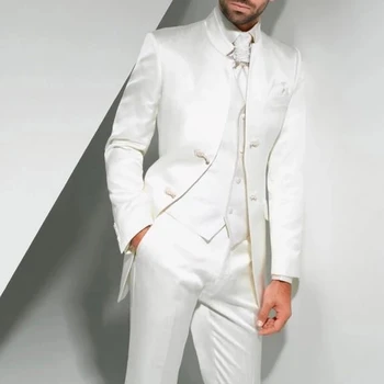Vintage Beyaz Uzun Tunik Erkek Takım Elbise Damat Düğün Smokin Standı Yaka 3 Parça Erkek Moda Giyim Seti Ceket Yelek Pantolon