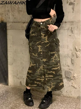 Vintage Kamuflaj Baskı Düğmeli Y2K Streetwear Yüksek Bel Yüksek Yarık Elbise Uzun Etekler kadın kıyafetleri Moda Seksi Midi Etekler