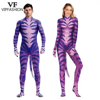 VIP MODA Komik Kostümleri Hayvan Leopar Baskı Yetişkin Bodysuit Unisex Zentai Tulum Kuyruk 3D Cosplay Giyim süslü elbise