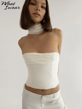 Whatiwear Bayanlar yelek askısı seksi beyaz backless omuz eşarp kısa yaz alışveriş sleeveles tasarım genç için uygundur
