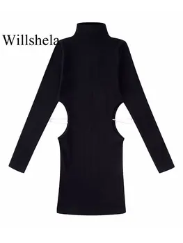 Willshela Kadın Moda Boncuk Katı Hollow Out Örme Mini Elbise Vintage Yüksek Boyun Uzun Kollu Kadın Şık kadın elbiseleri