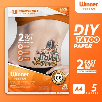 WinnerTransfer Temizle Dövme Transfer Kağıdı Yazdırılabilir Geçici Dövmeler Lazer ve Mürekkep Püskürtmeli Yazıcı Dövme Baskı Kağıdı A4 5 yaprak