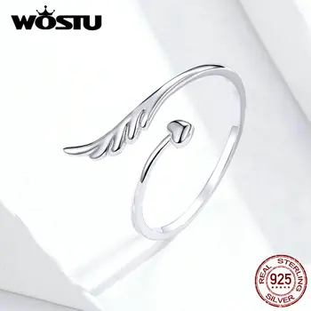 WOSTU 925 Ayar Gümüş Melek Kanat Kalp Yüzük Ayarlanabilir Parmak Açık Yüzükler Kadınlar İçin Nişan düğün takısı Hediyeler FIR567