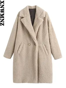 XNWMNZ uzun faux kürk ceket Kadınlar şık kruvaze uzun kollu yaka yaka kalın sıcak palto kadın vintage Oyuncak yün ceket