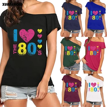 XUANSHOW 2022 Moda Yaz kadın t shirt Seksi Kapalı Omuz Kısa Kollu 80'in Duygu Mektuplar Baskılı Tees Tops kadın kıyafetleri