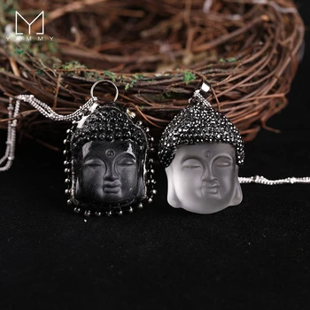 Yammy Vintage Takı Kristal Buda Kolye, Erkek / Kadın Cam Buda Kafa Zarif Oyma Kolye Gümüş Zincir