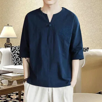 Yaz Erkek Keten Gömlek Çin Tarzı Retro Rahat v Yaka Üstleri Artı Boyutu Nakış Geleneksel Asya Tang Takım Elbise Üstleri Adam için
