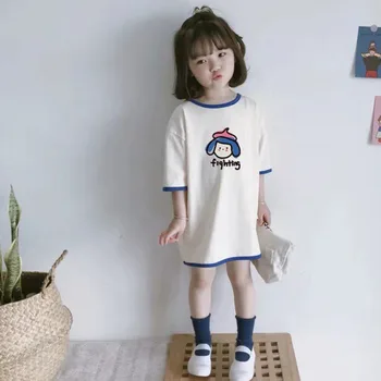 Yaz Kızlar kısa kollu tişört Bebek Yeni Düz Renk Rahat Gevşek Versiyonu Elbise Çizgi Film Sevimli Renk Eşleştirme Orta Uzunlukta Üst