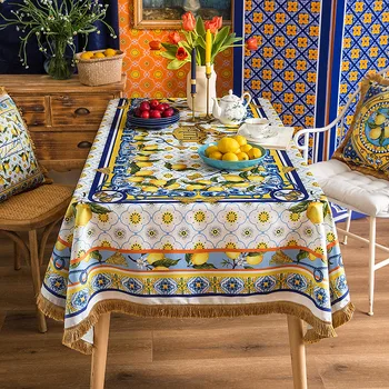 Yaz Limon Baskı Masa Örtüsü Ev Lüks Kadife yemek masası Örtüsü Sarı Mavi Kontrast Kare Masa Örtüsü Dolap örtü bezi