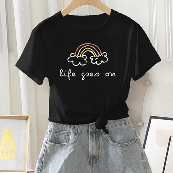 Yaz Rahat Moda Düzenli Kısa Kollu Bayanlar Grafik Günlük T-Shirt Gökkuşağı Mektup Baskı Kadın Kawaii Yuvarlak Boyun Tees Tops