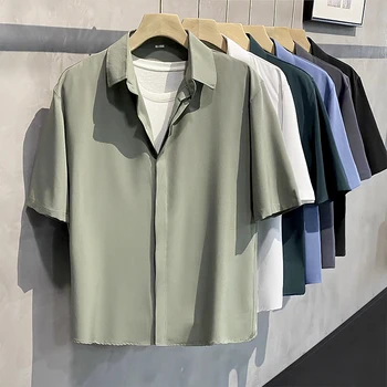Yaz Serin Erkekler Kısa kollu Gömlek kırışıklık Karşıtı Düz Renk Moda ofis Rahat Gevşek Düğme Cep Gömlek Erkek Giyim Üst