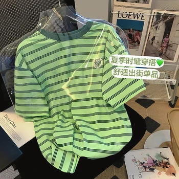 Yaz Yeni Kısa Kollu pamuklu tişört kadın Çizgili Karikatür Nakış Gevşek Üst Yuvarlak Boyun Yeşil Moda Tees