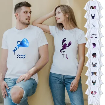 Yaz Çift T Shirt 12 Takımyıldızları Akrep Leo Boğa Baskı Severler Kısa Kollu O-Boyun Casual Kadın Erkek Tee Üstleri giysi