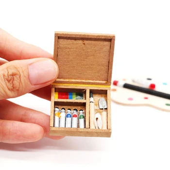 Yeni 1: 12 Evcilik Minyatür Sanatçı boya kalemi Ahşap Kutu Oyuncaklar Bebekler İçin