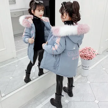 Yeni 2019 Moda Çocuk Kış Ceket Kız Kış Ceket Çocuklar Sıcak Kalın Kürk Yaka Kapşonlu uzun aşağı Palto Genç 4Y-12Y