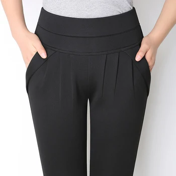 Yeni Artı Boyutu Kadınlar Yüksek Bel Pantolon Gevşek Streç harem pantolon Kadın Rahat Uzun Pantolon Klasik Pilili Cep Ofis Pantolon