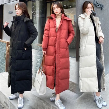 Yeni Aşağı Pamuk Yastıklı Kadın Ceket Parkas Gevşek Kapşonlu Süper Uzun Saf Basit Kış Ceket kadın kıyafetleri Sıcak Giyim