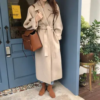 Yeni Bahar Kadınlar Zarif Turn-aşağı Yaka Yün Uzun Ceket Vintage Katı Sıcak Dış Giyim İmparatorluğu İnce Ceket Kemer