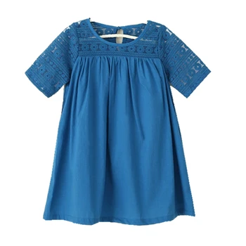 Yeni Bahar Sonbahar Çocuk Giyim Mavi Dantel O-Boyun Büyük Kızlar 3-13yrs Üç Çeyrek Kollu Pamuklu Tatlı Prenses Elbiseler