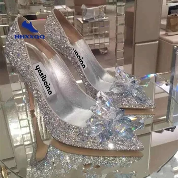Yeni Külkedisi Kristal Ayakkabı Topuklu Kadın Sivri Seksi gelin ayakkabıları kadın Yüksek Topuklu Kadın Gümüş Taklidi Düğün Ayakkabı