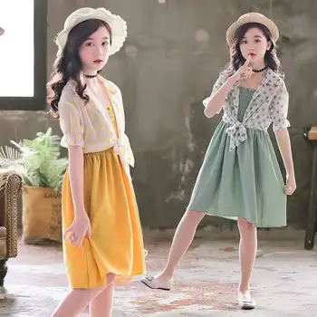 Yeni Kızlar Yaz Setleri Çocuklar Şal + elbise 2 adet Takım Elbise Çocuk Giyim Seti Genç Kız Giysileri Kıyafetler