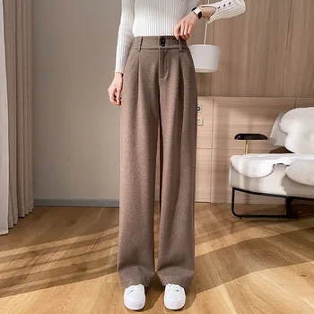 Yeni Kış Kadın Yün Takım Elbise Pantolon Klasik Gevşek Düz bacak Pantolon Ofis Zarif Moda Yüksek Bel Pantolon Rahat Pantolon