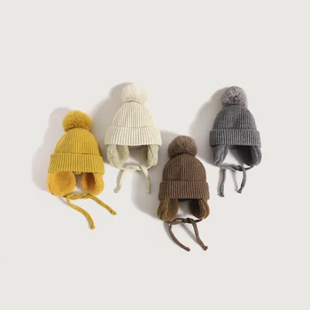 Yeni Kış çocuk şapkaları Kürk Topu Yün Kap Erkek Kız Kulak Koruyucu Sıcak Çocuklar Örme Kapaklar Düz Renk Yürümeye Başlayan Bebek Şapka