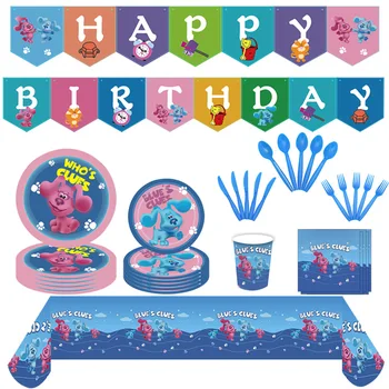 Yeni mavi benekli köpek doğum günü partisi çatal bıçak takımı kağıt tabak kağıt bardak kağıt havlu