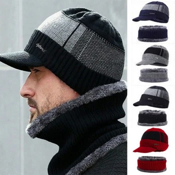 Yeni Moda erkek Kış Sıcak Kaşmir Şapka Ve Eşarp Kombinasyonu 2 Adet Sıcak Rüzgar Geçirmez Örgü Kap Eşarp Seti Bir Boyut