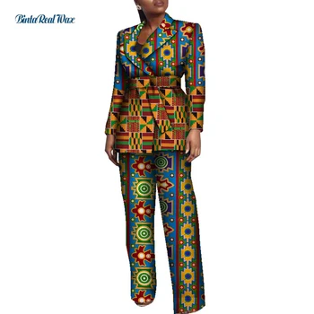 Yeni Ofis kadın kıyafetleri Afrika Baskı Patchwork Turn-aşağı Yaka Takım Elbise Pantolon Kadınlar için Bazin Riche 2 Adet Pantolon Setleri WY8557