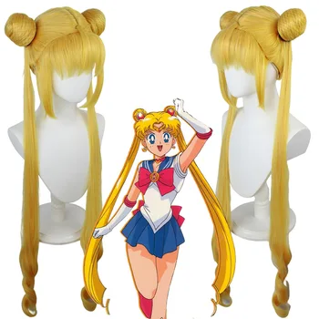 Yeni Sailor Moon Tsukino Usagi Uzun Kıvırcık Sarışın Çift At Kuyruğu Sentetik Cosplay Peruk Kız Kostüm Partisi İçin