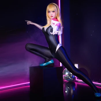 Yeni seksi parlak yağlı tayt Cadılar Bayramı Yetişkinler Gwen Stacy Cosplay Kostüm Süper Kahraman pürüzsüz vücut takım elbise kadınlar için romper