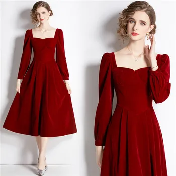 Yeni Sonbahar Fransız Vintage Kadınlar Elbiseler Zarif Şarap Kırmızı Yüksek Bel Bodycon Orta Uzunlukta Etekler Softerable Kadife Rahat Vestidos