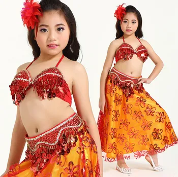 Yeni Stil Oryantal dans kostüm elbise giymek çocuklar dans çocuk bellydance çocuk hediye hint dans 2 adet-3 adet Bra & Kemer & Etek SF005