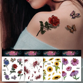 Yeni Su Geçirmez Geçici Dövmeler Sticker Kadınlar için Kız Gül Çiçek Ayçiçeği Dövme Sanatı Flaş Dövme Seksi Sahte Dövme Çıkartmalar