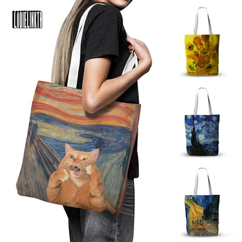 Yeni Van Gogh Yağlıboya Kadın kanvas çanta Iris Çiçek Yıldızlı Gece Retro Rahat Kadın omuzdan askili çanta yeniden kullanılabilir alışveriş poşeti