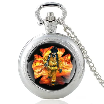 Yeni Varış Kahraman İtfaiyeci Desen Cam Cabochon Vintage Kuvars cep saati Erkek kadın sarkaç Kolye Saat Saat