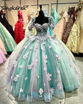 Yeni Varış Prenses Quinceanera Elbiseler 2022 Uzun Kollu Çiçekler Aplikler Tatlı 15 16 Elbise Vestido De Xv Años Balo