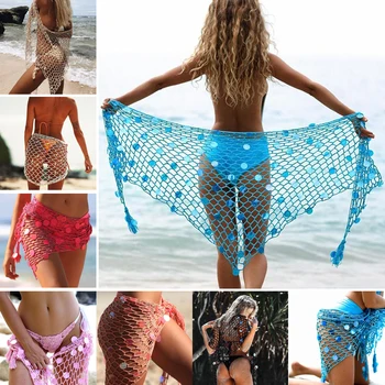 Yeni Varış Yaz Seksi Kadınlar Pullu Hollow Out Fishnet Tığ Örgü Bikini Cover Up Mayo Banyo Plaj Elbise