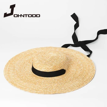 Yeni yaz güneş koruyucu plaj şapkası zarif ve doğal 15 cm büyük hasır şapka geniş ağız Kentucky Derby bayanlar şapka şerit kız kap Yay