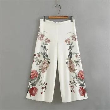 Yeni Yaz Moda Zarif Bayanlar Pantolon Yüksek Bel Sag Baskılı Çiçekler Şık Geniş Bacak Pantolon kadın Düz Bacak Pantolon Pantolon