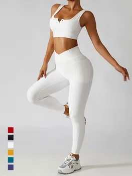 Yeni Yoga Seti Kadın Kadın Kırpma Üst Sutyen Tayt Yüksek Bel Cepler İle Spor Kıyafet Egzersiz Setleri Spor Giyim Spor Takım Elbise
