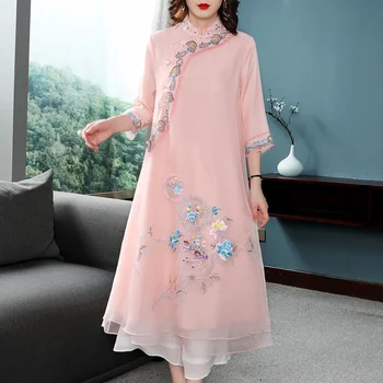 Yeni çin elbisesi Qipao Kadın Hanfu Zarif Nakış Cheongsam Geleneksel Elbise Orientale Vestido Chino Mujer Pembe 2022