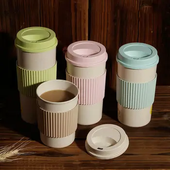 Yeniden kullanılabilir kahve çay bardağı Rastgele Renk Buğday Samanı Kupa Kahve kapaklı bardak Ev Açık Su Şişesi Seyahat Yalıtımlı Fincan