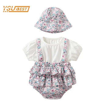 Yenidoğan Toddler Bebek Kız Kısa Kollu Baskı Romper + Şapka 2 adet Yaz Tulum Tatlı Prenses Kız Romper Giysileri 0-2Yrs