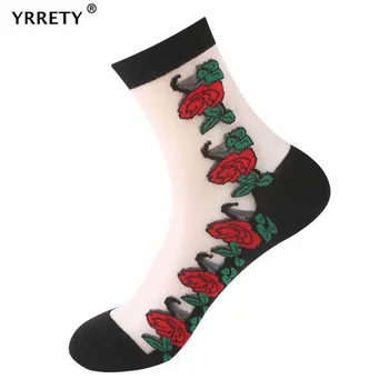 YRRETY 1 Çift Şeffaf Çorap Ultra İnce Yaz Kadın Net İplik Dantel İpek Kristal Gül Çiçek Kız Elastik Ayak Bileği Kadın Sıcak