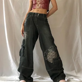YıYıMıYu Retro Grafik Baskı Y2K Şalvar Kot Grunge Fairycore Yüksek Bel Kargo Denim Pantolon Streetwear Casual Sweatpants